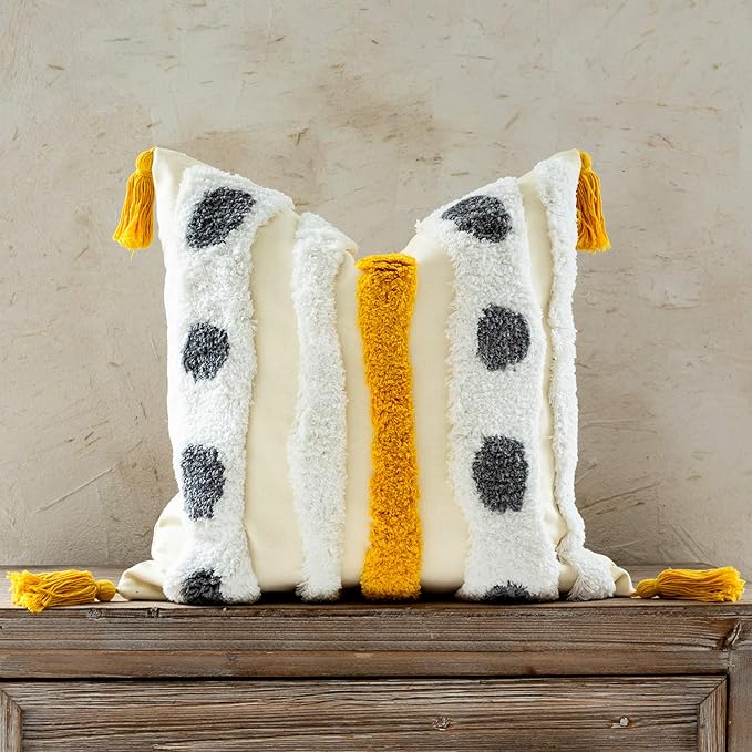 Woven Tufted Farmhouse Boho Throw Pillow Cover, Modern Decorative Multi Color by Snugtown