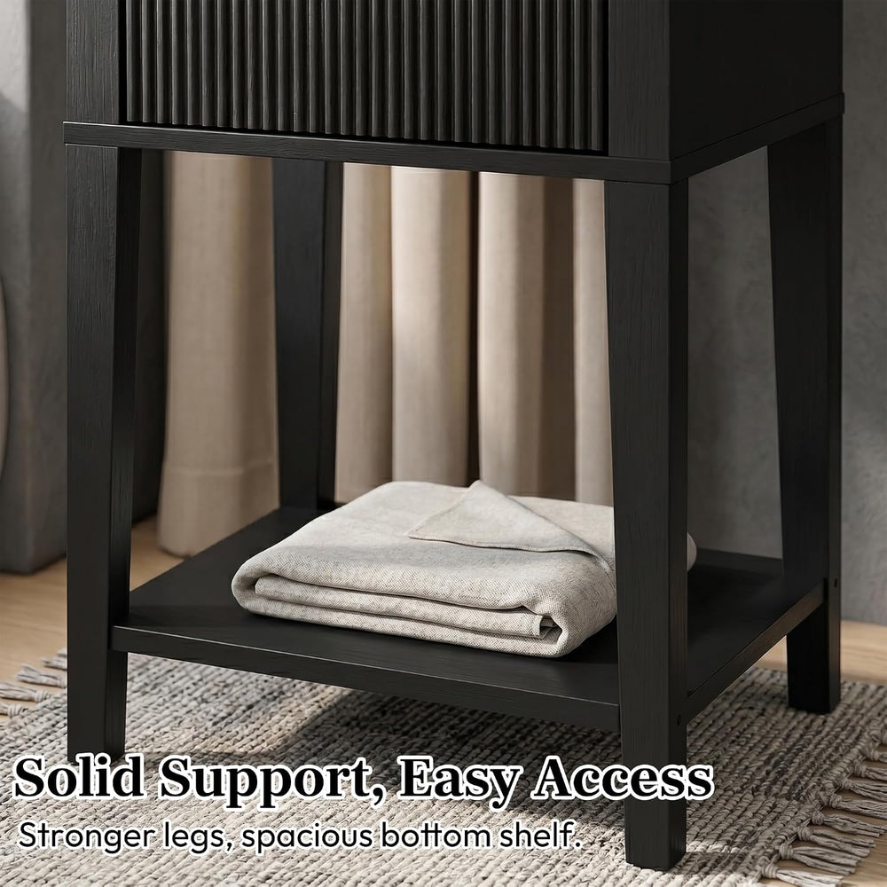 Black 15.4" Wide Small Nightstand with Drawer,Open Shelf,Fluted