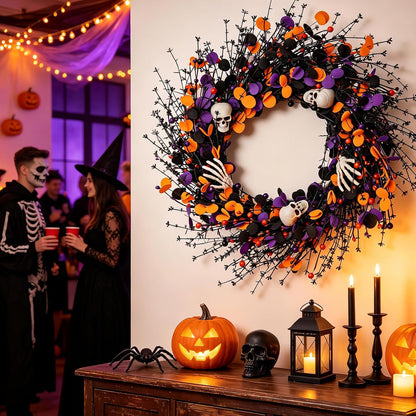 zjlmit Halloween Wreath 24 Inch Halloweeen Wreaths for Front Door Handmade Skull Wreaths with White Skeleton Hand Black Eucalyptus Leaves Orange Berries for Window Porch Indoor Party Holiday Wall Home