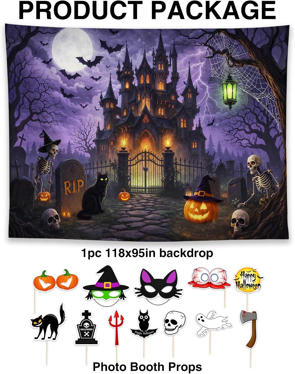 Allenjoy 118" x 95" Halloween Castle Photography Backdrop with Photo Booth Props, Party Decorations, Supplies and Favors
