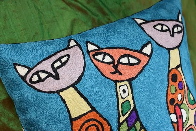 Turquoise Cat Pillow: Cute Kitties Abstract Sofa Cushion - Image 6