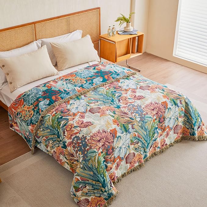 MSGKV Boho Throw Blanket for Couch 100% Cotton Floral Blanket 50"x60" Sofa Bed - Image 5