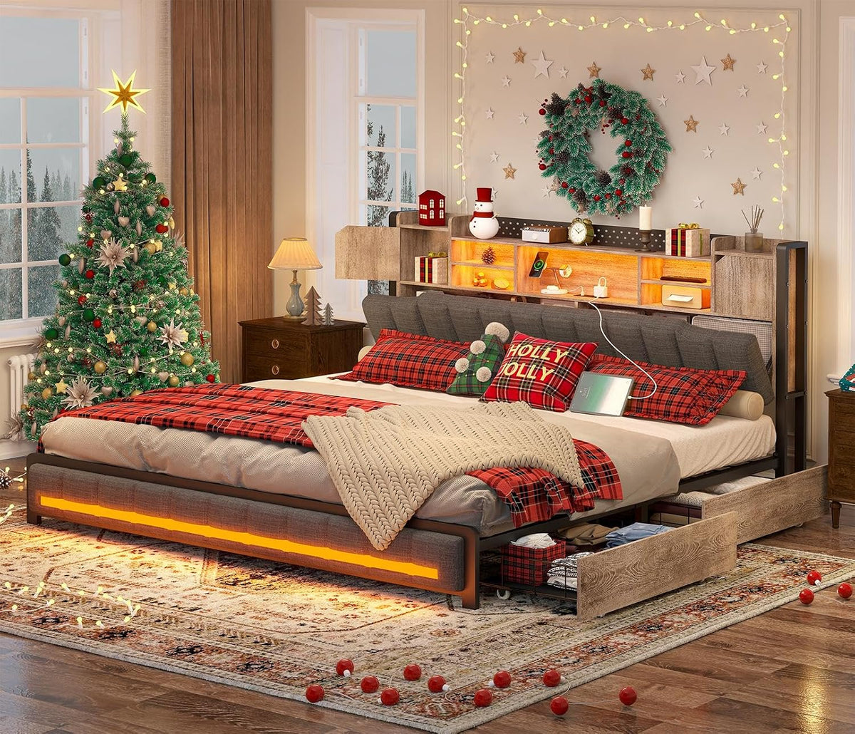 cszzd king size bed frame and bookcase headboard, view 9