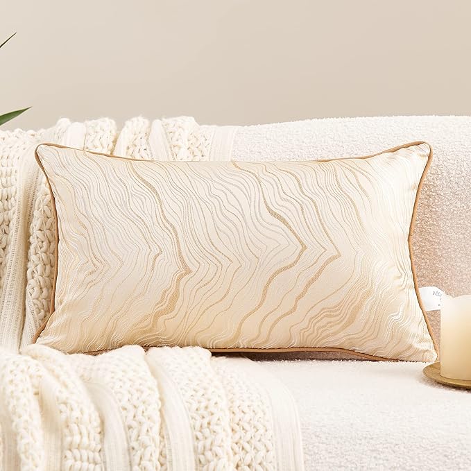 Avigers 12 x 20 Inch Rectangle Beige Gold Abstract Striped Embroidery Cushion by Avigers