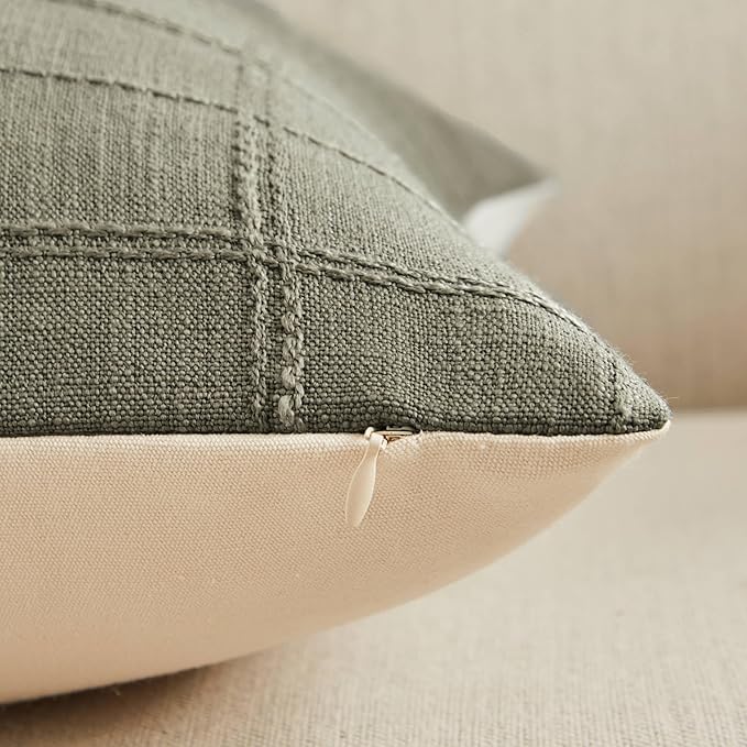 ZeeMart Linen Checked Throw Pillow Covers Set of 2, 20x20 Inch Olive/Cream - Image 3