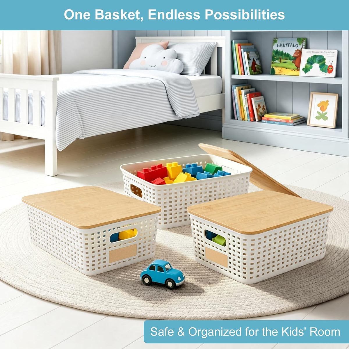 bagnizer small plastic storage bins with bamboo lids, side view