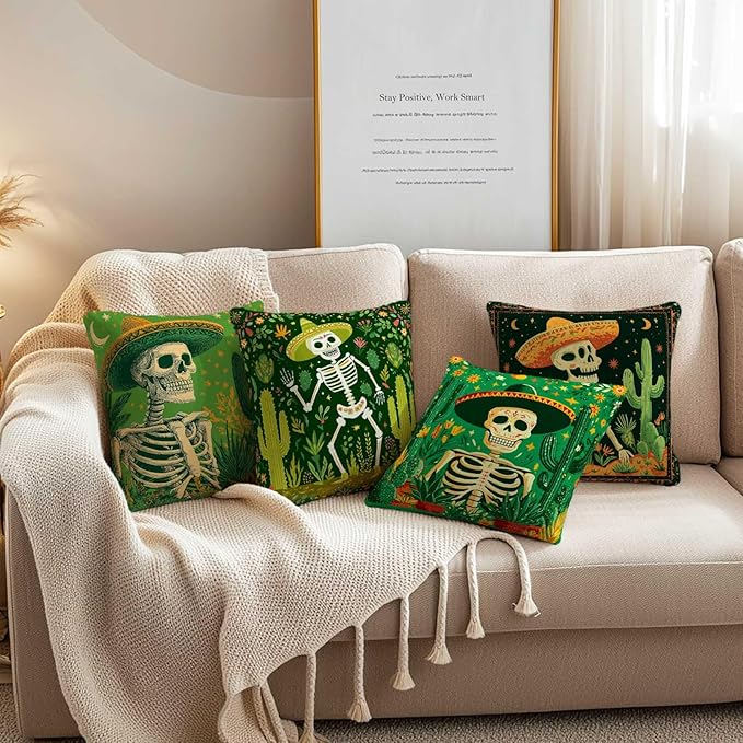 Day of The Dead Throw Pillow Covers | 18x18 Set of 4 Decorative Sugar Skull - Image 2