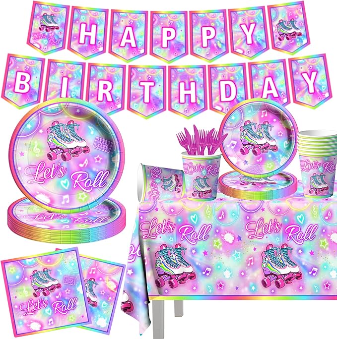 142Pcs Roller Skating Birthday Party Supplies Tableware Set Roller Skater by GREHUMOR
