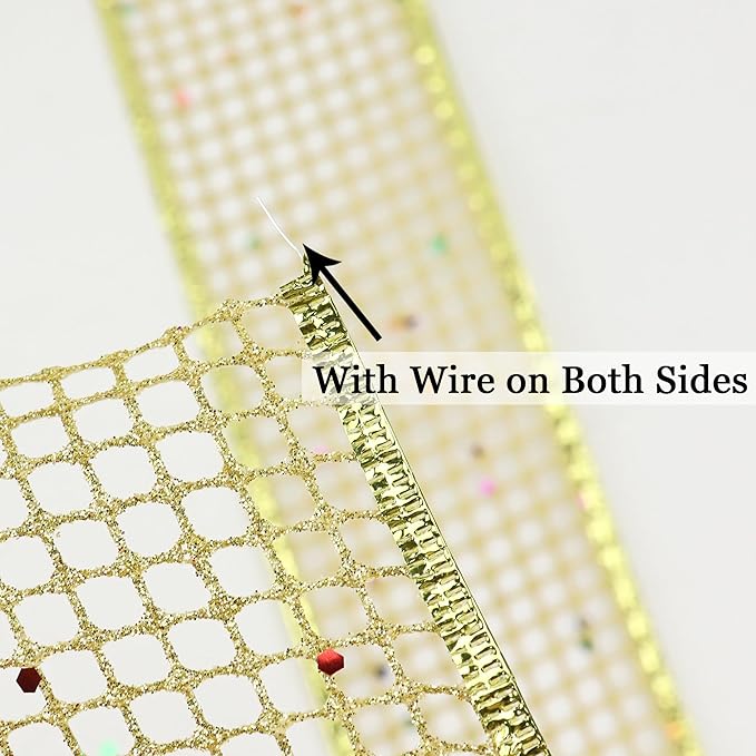 MEEDEE Gold Glitter Christmas Ribbon 2.5 Inch Square Mesh Net Wired Ribbons - Image 3