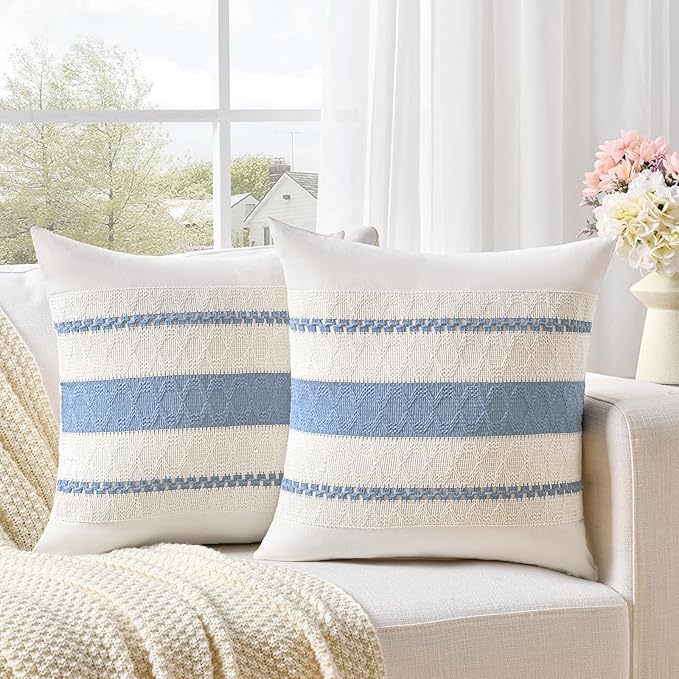 Fancy Homi Set of 2 Boho Light Blue Decorative Throw Pillow Cover 20x20 Inch by Fancy+Homi