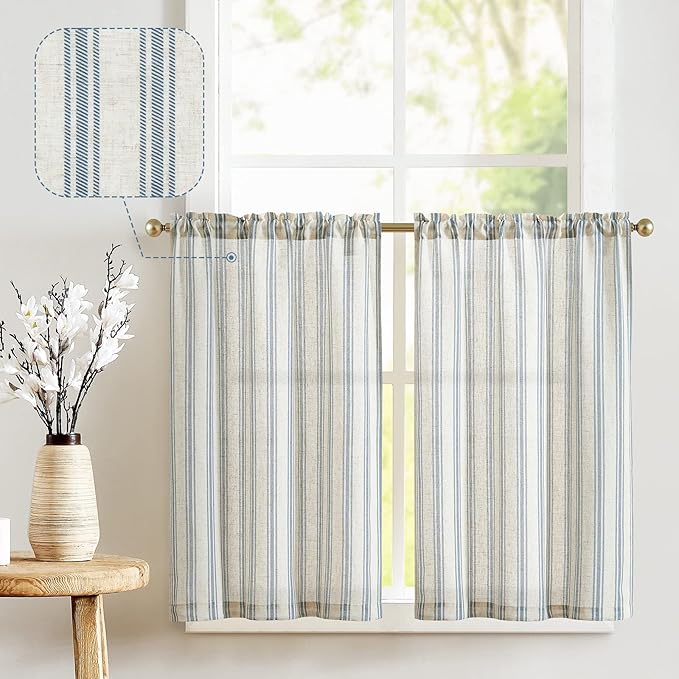 jinchan Linen Kitchen Curtains Striped Tier Curtains 24 Inch Farmhouse Small by JINCHAN