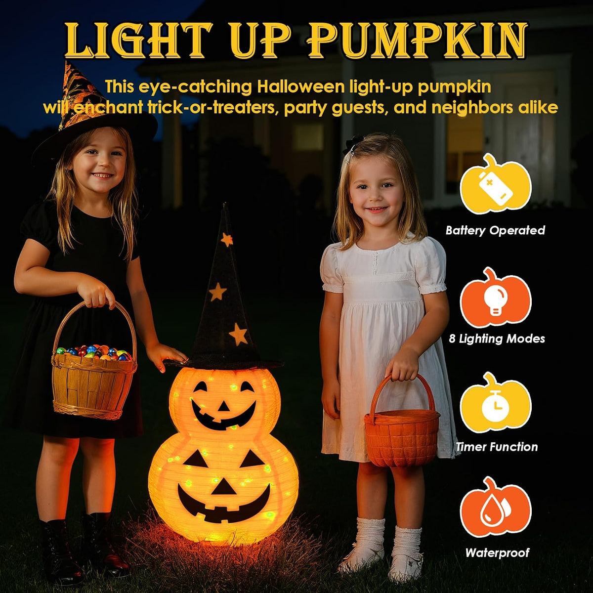 3FT Pumpkin Halloween Decorations Outdoor, 8 Modes Battery Operated Pumpkin Decorations, Collapsible Jack-o-Lantern Halloween Lights for Home, Party, Yard, Porch Thanksgiving Fall Decorations
