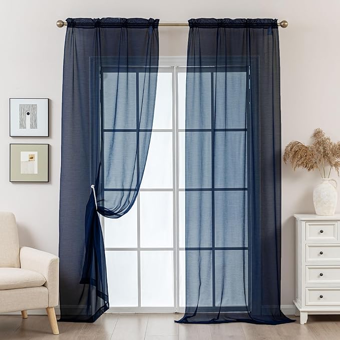Navy Blue Sheer Curtains 84 Inches Long, Privacy Semi Sheer Curtains - Image 8