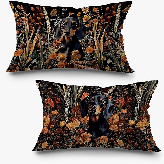Moody Floral Dachshund Pillow Covers 12x20 Set of 2, Gifts by Exqcom