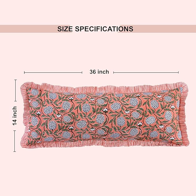 Ridhi Dark Salmon Pink 100% Cotton Block Print Ruffle Lumbar Sham Cover - Image 6