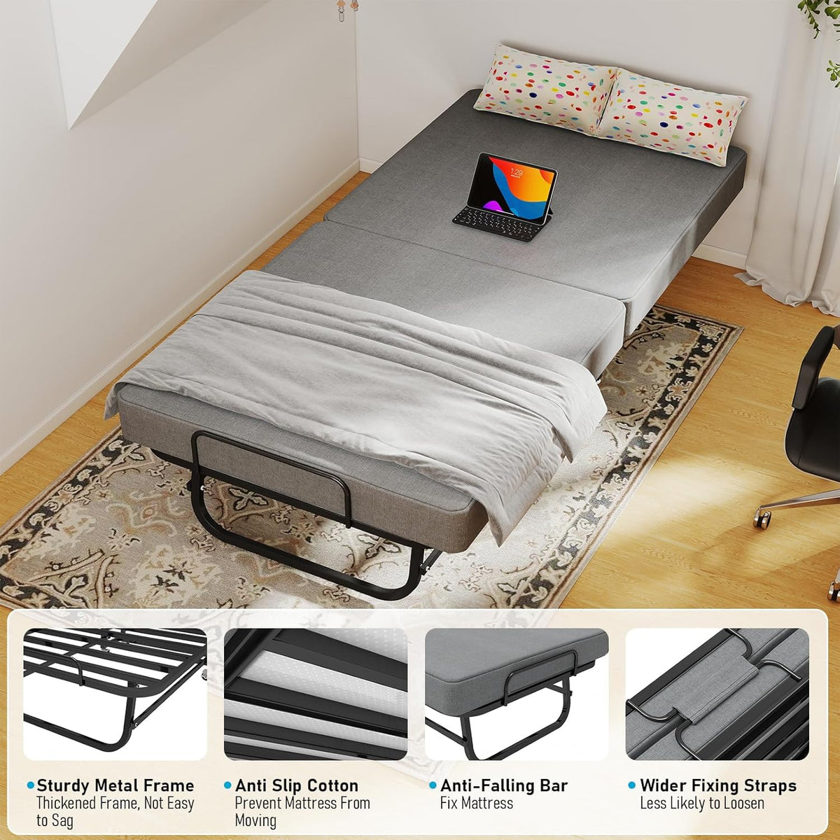 folding bed with mattress for adults, portable foldable on a desk or shelf