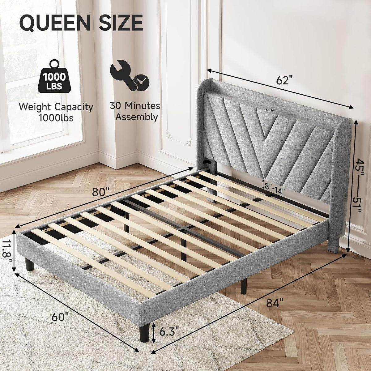 koorlian queen bed frame with headboard, adjustable upholstered shown in use