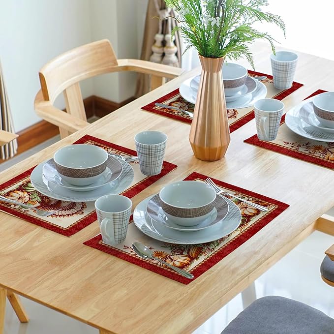 Giwawa 4PCs Thanksgiving Placemats 12x18 Inch Fall Harvest Turkey Autumn - Image 7