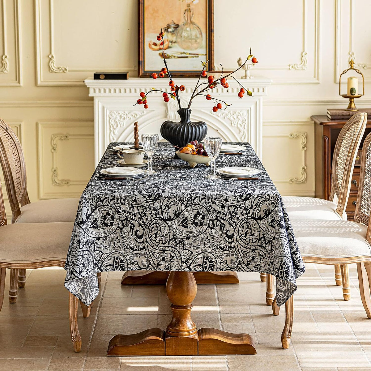 Black Jacquard Floral Tablecloth Rectangle 57”x70”, Waterproof & Wrinkle Resistant Damask Vintage Table Cloth, Luxury Table Cover for Dinning Halloween Wedding Party Christmas