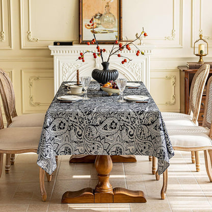 Black Jacquard Floral Tablecloth Rectangle 57”x70”, Waterproof & Wrinkle Resistant Damask Vintage Table Cloth, Luxury Table Cover for Dinning Halloween Wedding Party Christmas