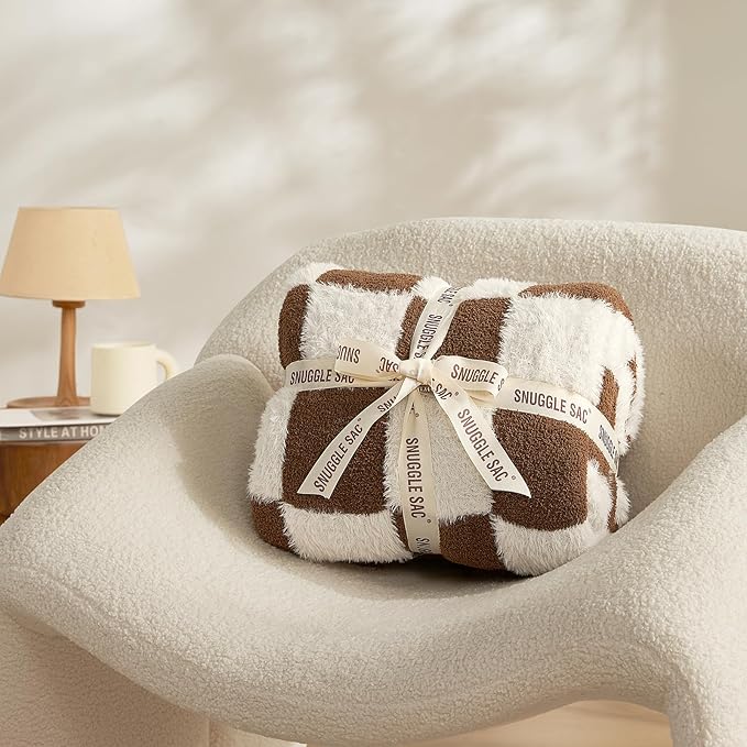 Snuggle Sac Brown Checkered Throw Blanket Faux Fur Microfiber Blankets - Image 5