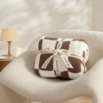 Snuggle Sac Brown Checkered Throw Blanket Faux Fur Microfiber Blankets - Image 5
