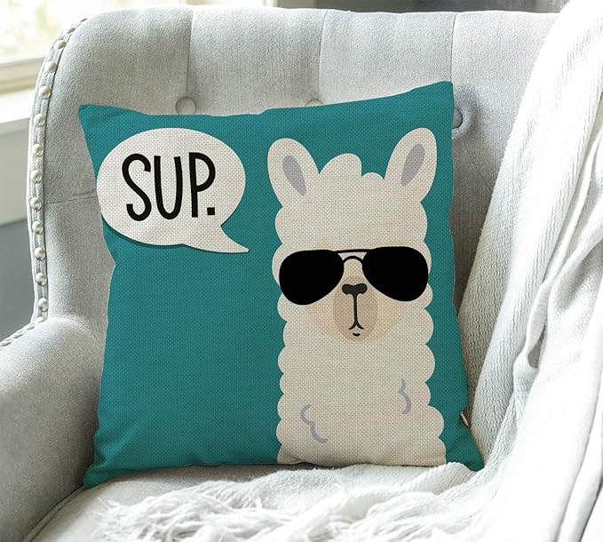 Swono Funny Llama Decorative Throw Pillow Cover Case, Sup Llama Cotton Linen - Image 3