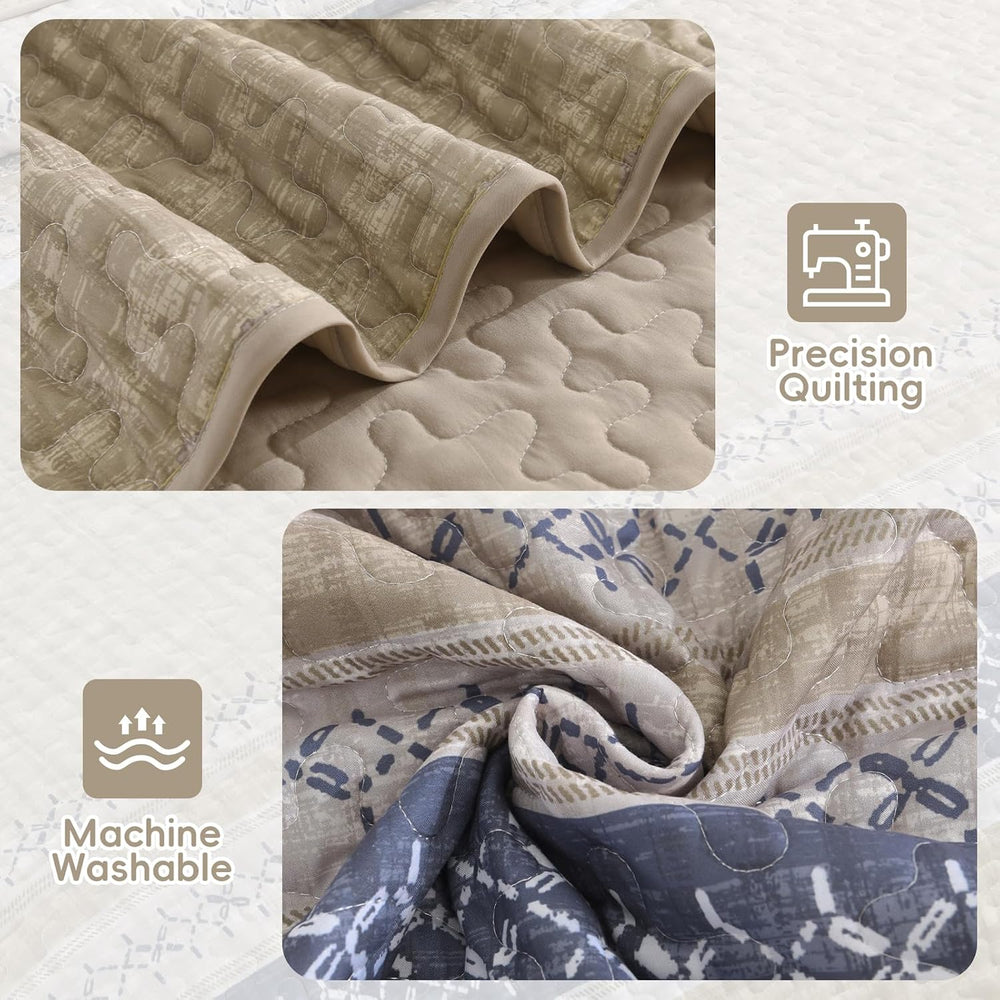 Cottolester Queen Quilt Bedding Set,Beige Blue Patchwork Striped Bedspread