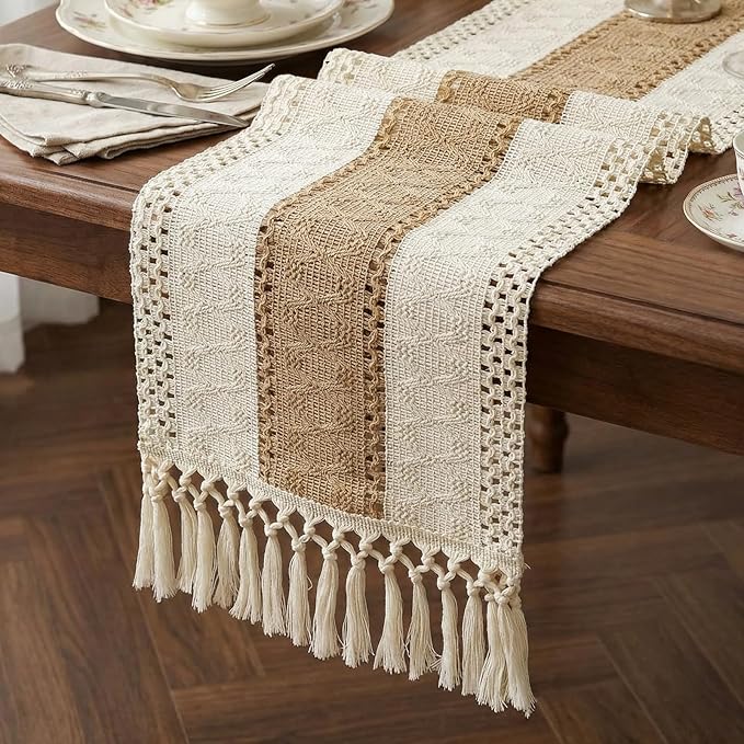 Boho Macrame Table Runner with Tassels Farmhouse Rustic Dining Woven Table by Xiomot