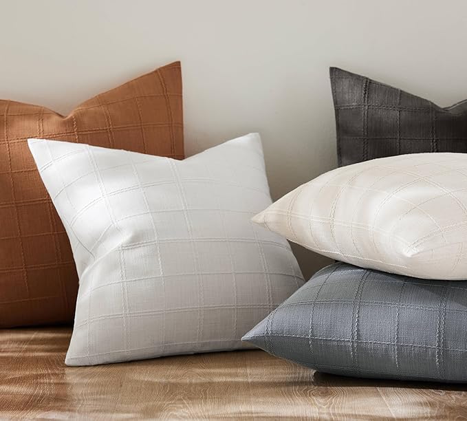 ZeeMart Linen Checked Throw Pillow Covers Set of 2, 22x22 Inch Allover Grid - Image 5