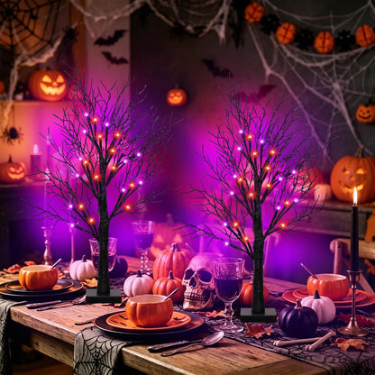 2 Pack 24 Inch Spooky Black Halloween Tree Decorations for Indoor Home Table, Halloween Lighted Tabletop Centerpiece with 24 Orange and Purple LEDs, Timer, USB or Battery Powered