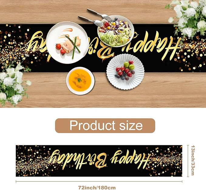 Elegant Black and Gold Happy Birthday Table Runner – 13x72 Inch Birthday Table - Image 2