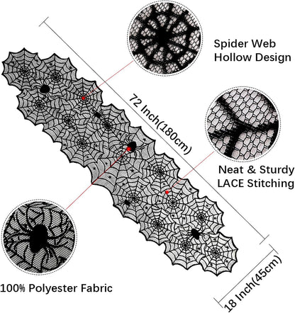 Halloween Table Runner 6 Pieces 18 x 72 Inch for Halloween Decor - Vivid Polyester Black Spider Web Lace Table Runner for Halloween Masquerade Party Dinner Table Decorations
