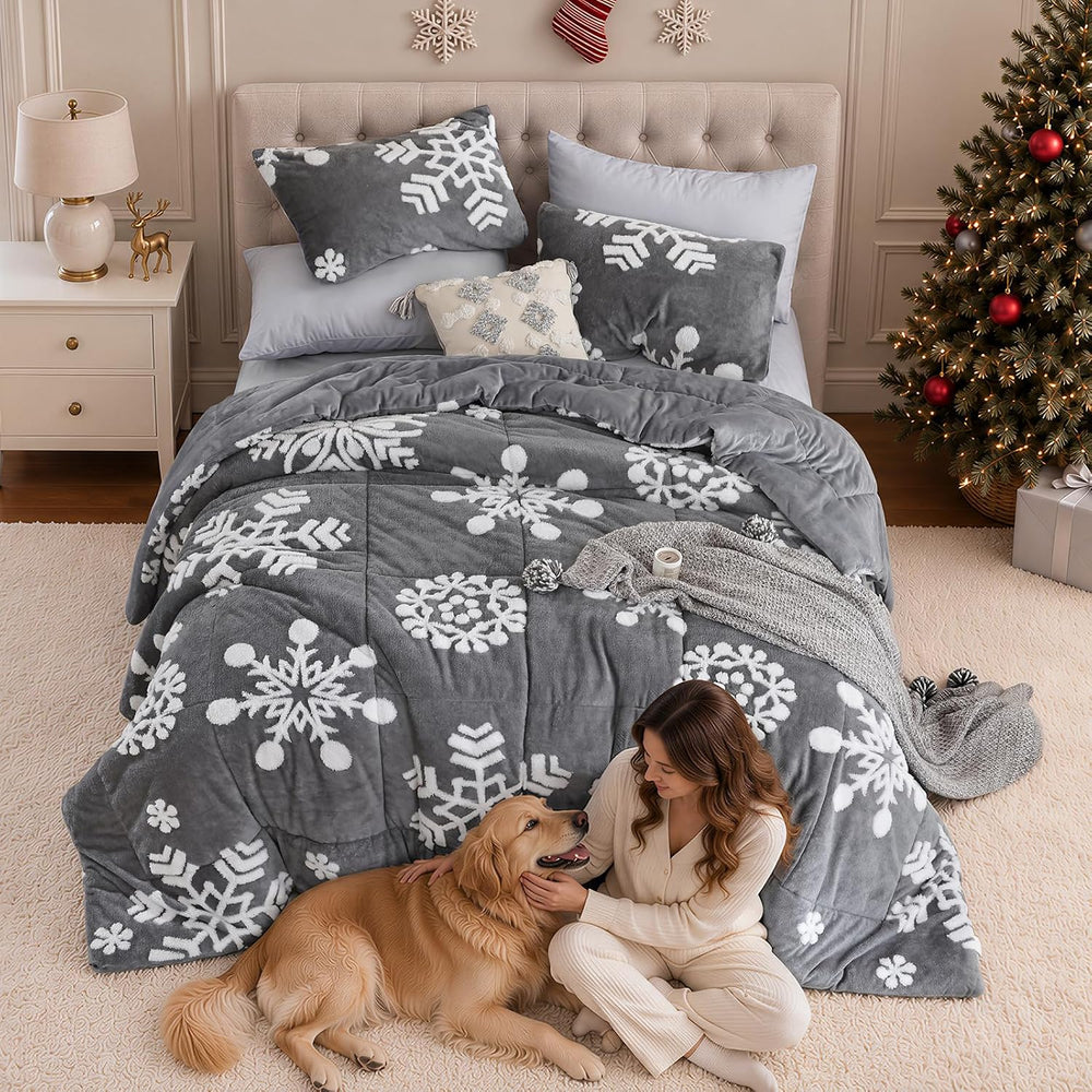 JANZAA Christmas Comforter Set Queen, Dark Grey Snowflake Christmas Bedding