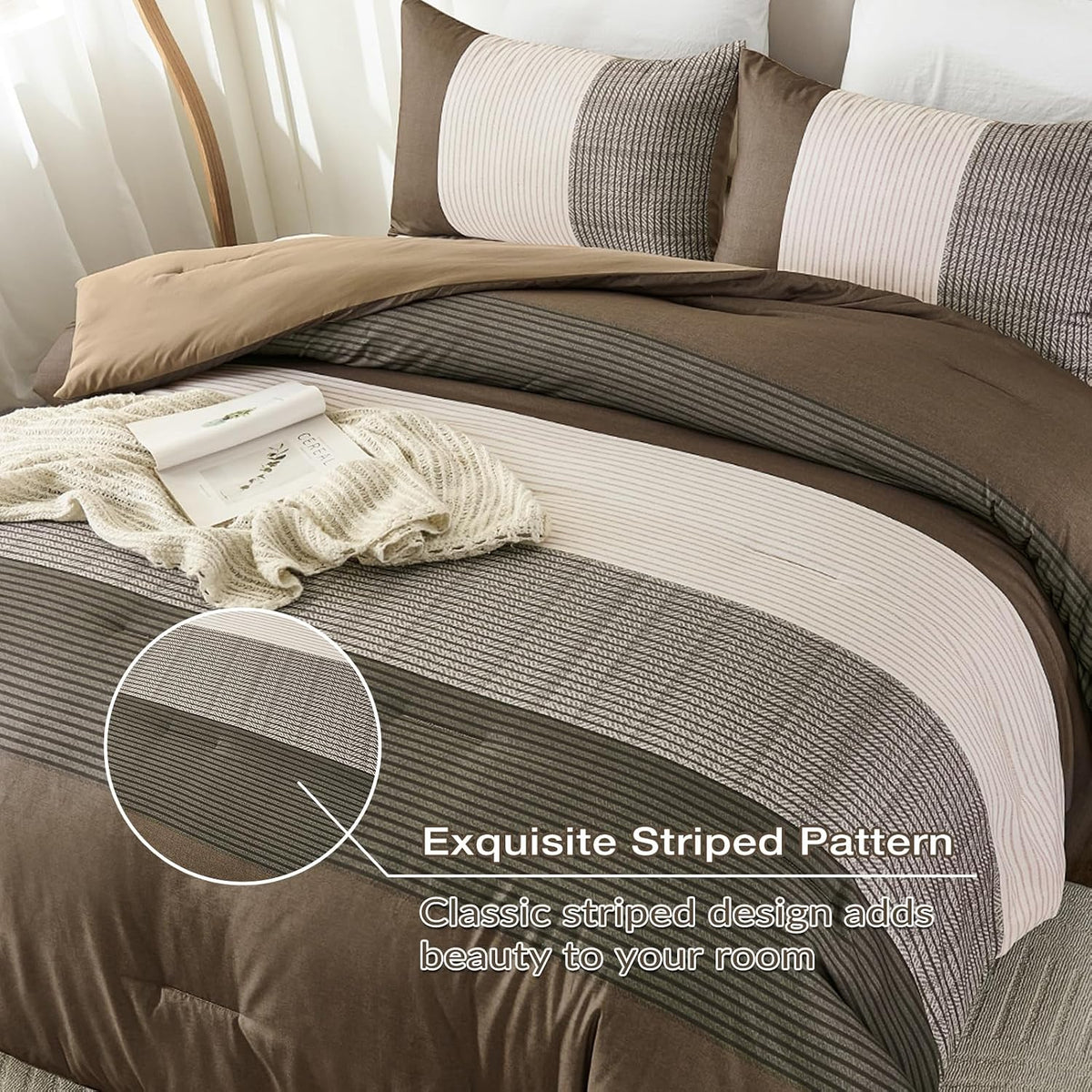 brown comforter set queen, reversible coffee brown patchwork, side view