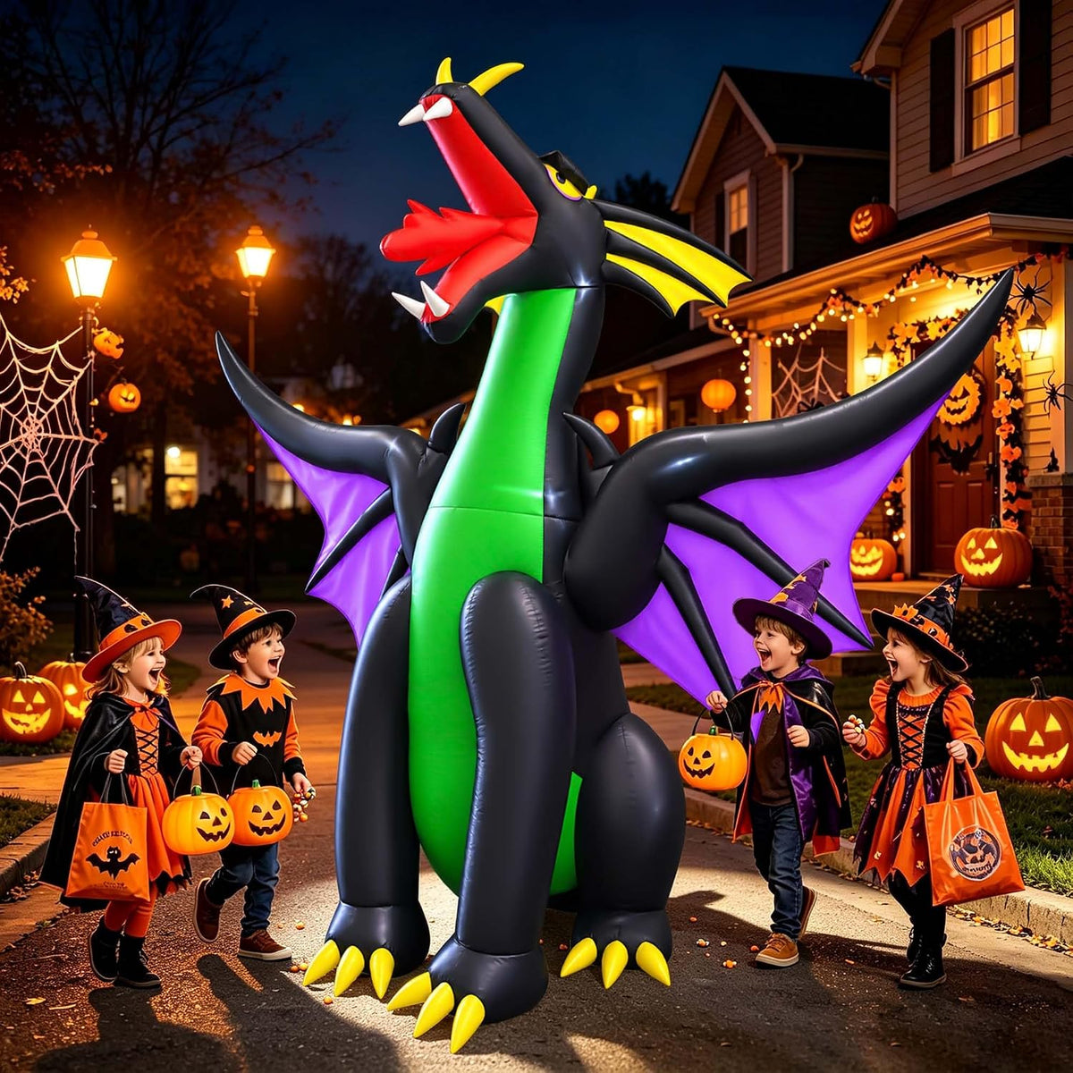SEASONBLOW 9Ft Long Halloween Inflatable Giant Fire & Ice Dragon Decoration