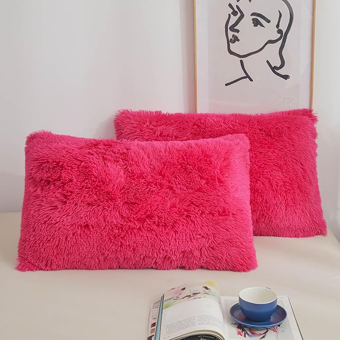 XeGe Faux Fur Fluffy Pillow Cases, Soft Plush Shaggy Furry Hot Pink Pillowcases by XeGe