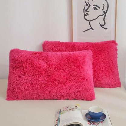XeGe Faux Fur Fluffy Pillow Cases, Soft Plush Shaggy Furry Hot Pink Pillowcases by XeGe
