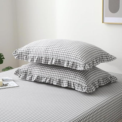 2 Pack Grey White Plaid Ruffle Gingham King Size Pillow Shams, 100% Washed - Image 3