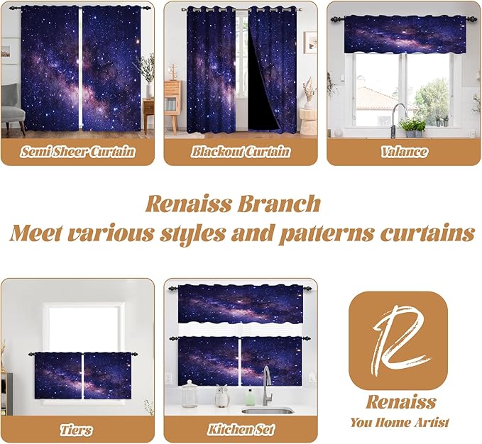 Renaiss 42 x 84 Inch Purple Galaxy Kitchen Window Curtains Tier Outer Space - Image 7