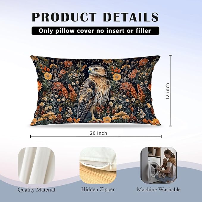 Boho Moody Eagle Floral Pillow Covers 12x20, Dark Academia Room Decor, Dark - Image 6