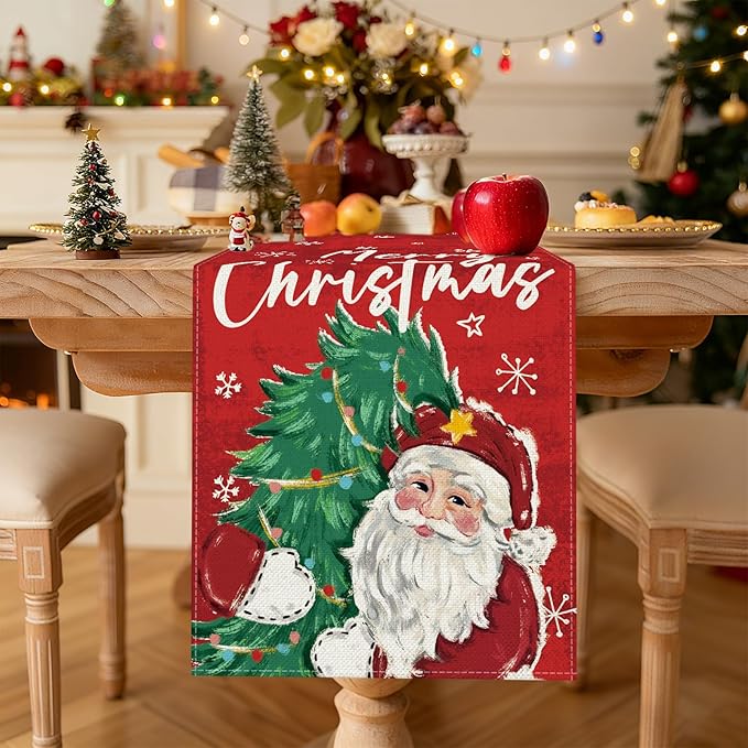 OTOSTAR Christmas Tree and Santa Claus Merry Christmas Table Runner, Xmas - Image 2
