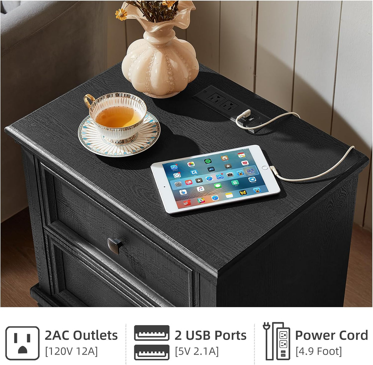 savor life farmhouse nightstand with charging station, 2, side view