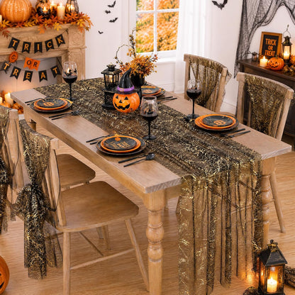 Halloween Black Table Runner Gold Party Decorations 10ft 3pcs Gauze Tulle