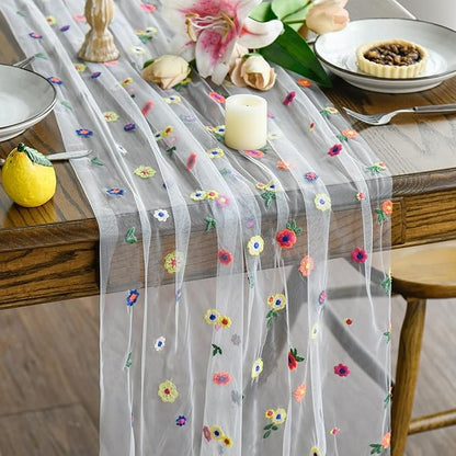 Artoid Mode 3PCS Embroidery Daisy Gauze Table Runner 120 Inch 10FT, Seasonal by ArtoidMode