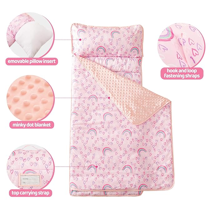 Viviland Toddler Kid Nap Mat for Preschool, Girls Pink Rainbow Slumber Bag - Image 2