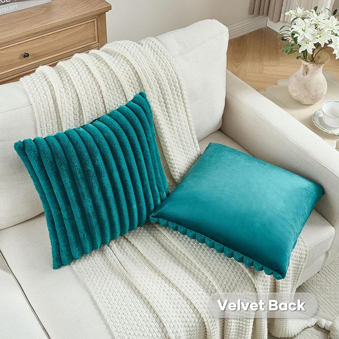 FUTEI Teal Green Throw Pillow Covers Set of 2, 22x22 Inch Striped Texture - Image 4