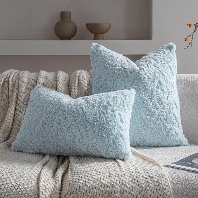 Neelvin Set of 2 Faux Fur Throw Pillow Covers 20x20 Inch Blue Cozy Soft Solid - Image 3