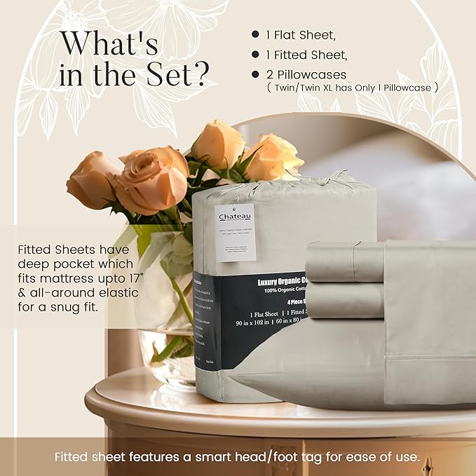 Organic Cotton Sheets Queen Size Bed Set Deep Pockets, Soft Breathable Sateen - Image 5
