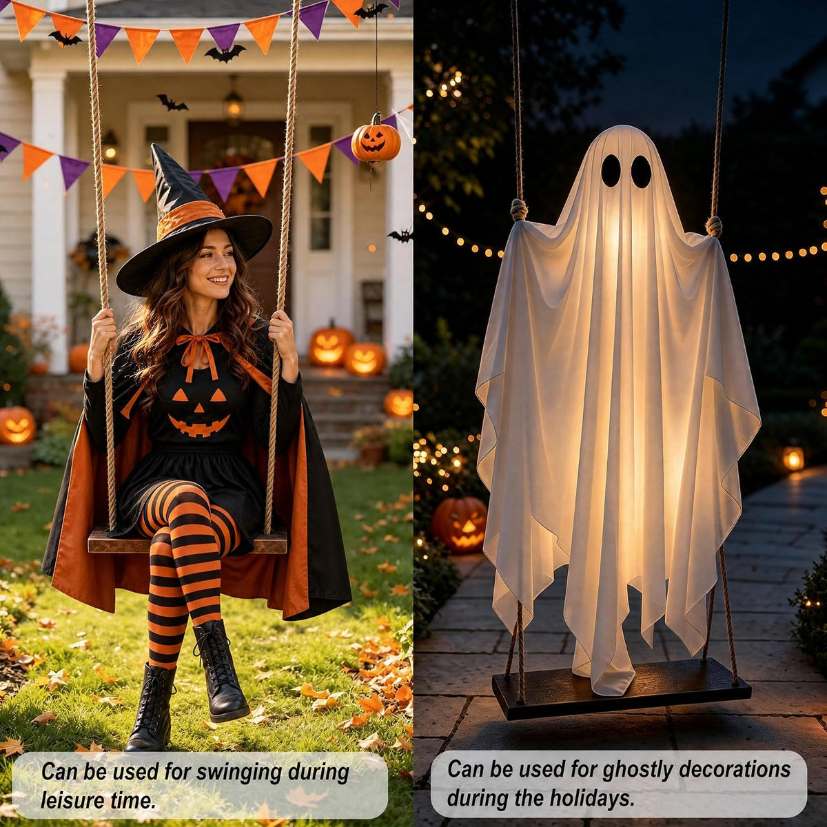 Hanging Ghost Halloween Decorations Outdoor, 7-12 FT Light Up Ghost Swing